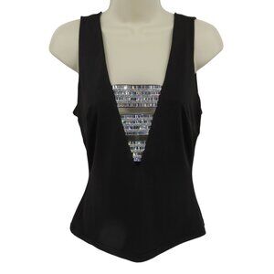 Bebe Women Small Black Deep V Neck Rhinestone Bling Tank Top Shirt Blouse Y2K